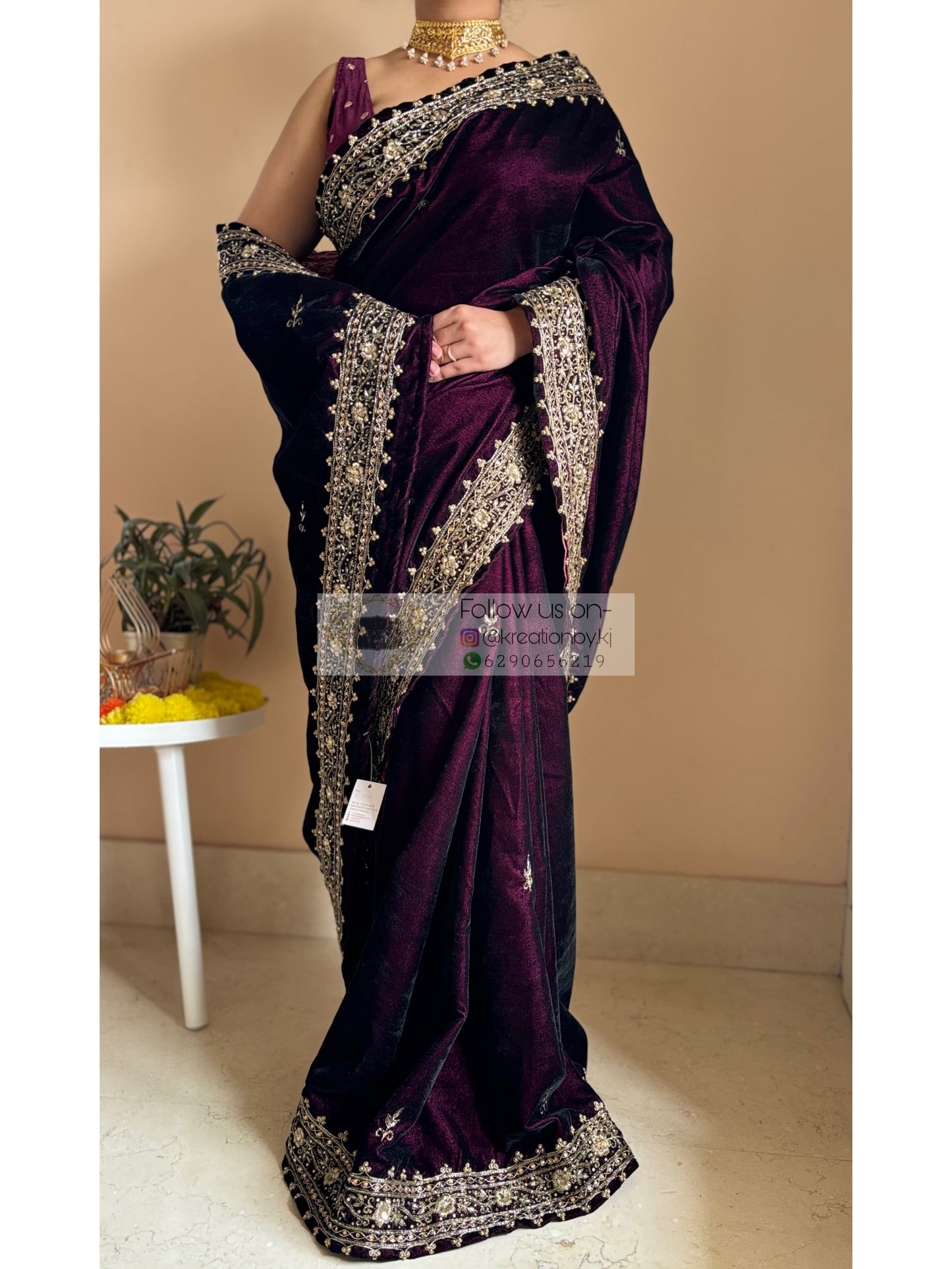 Dark Wine Velvet Zarina Saree Kreation by KJ