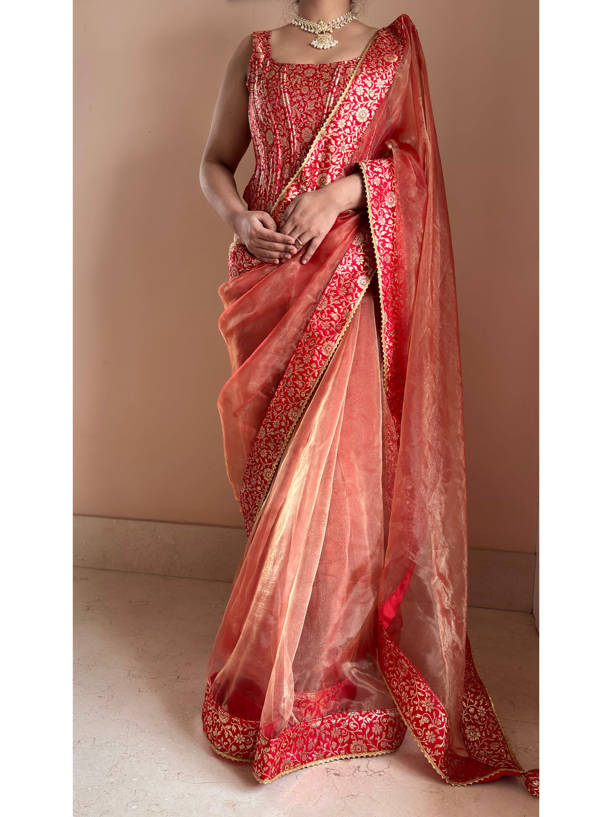Marigold Glass Tissue Saree With Red Brocade Border
