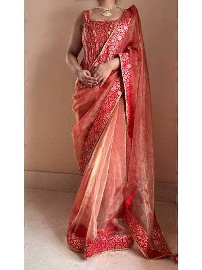 Marigold Glass Tissue Saree With Red Brocade Border
