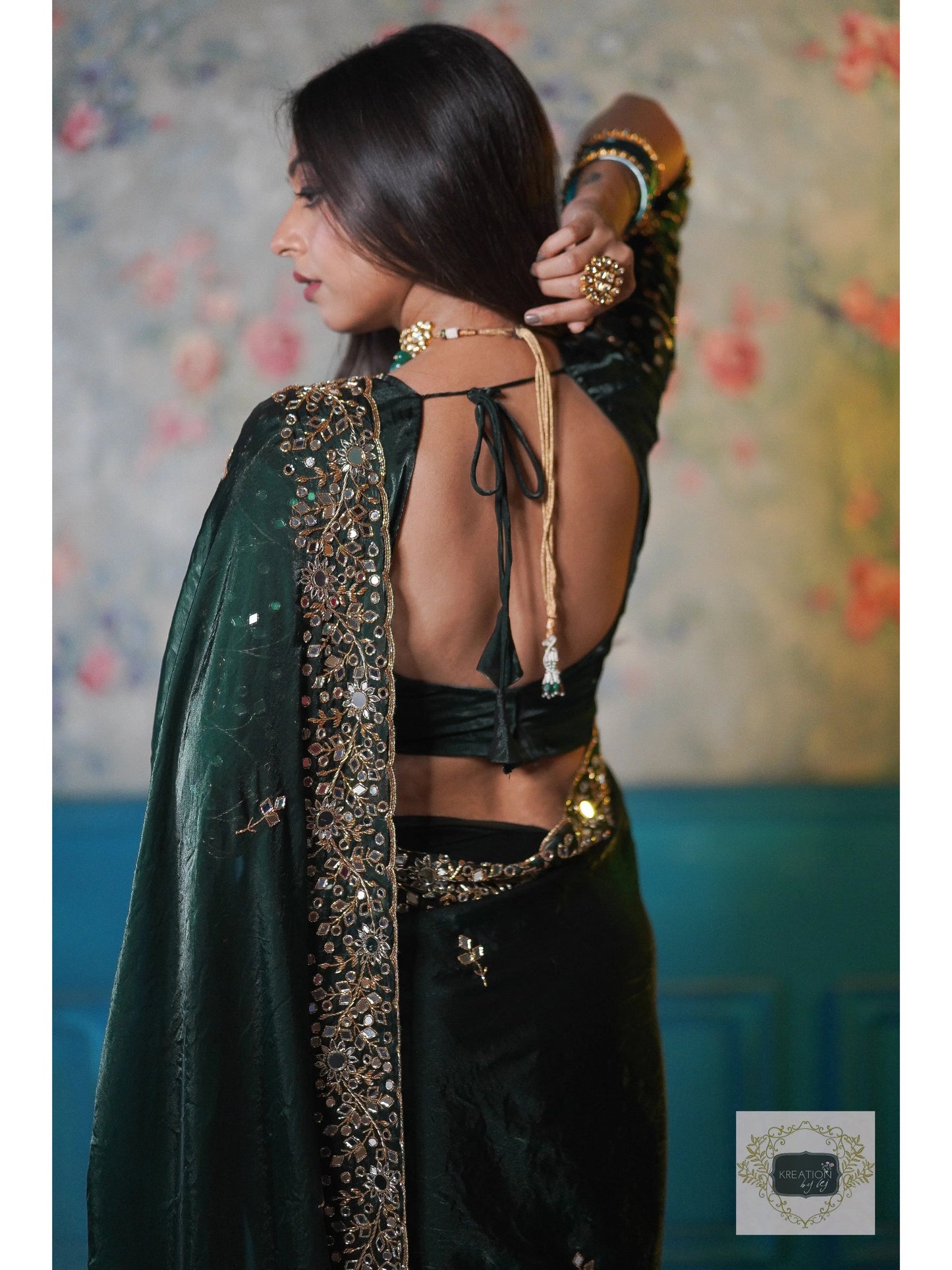 Bottle Green Shimmer Satin Sheesh Mahal Saree