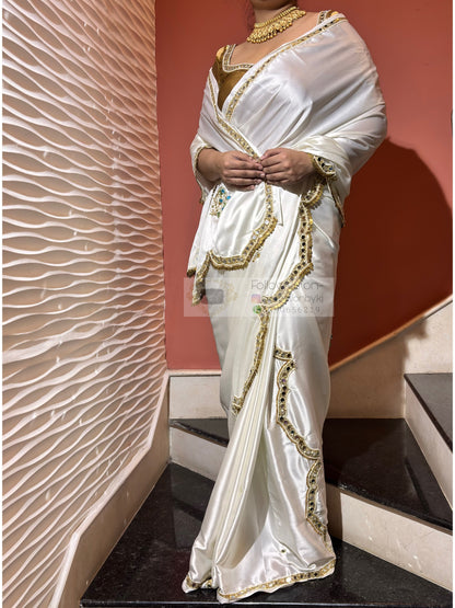 Snow Creme Satin Silk Saree With Real Mirror Work Kreation by KJ