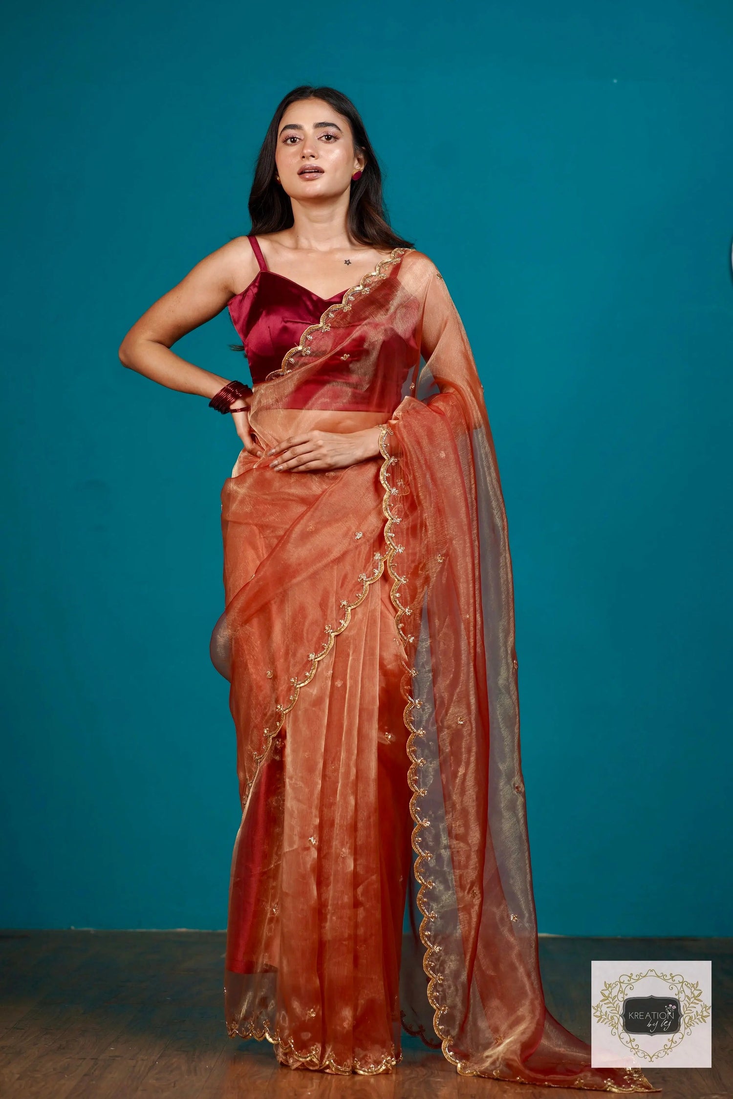 Marigold Glass Tissue Sequin Piyali Saree kreationbykj