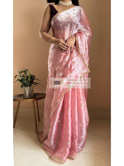 Peach Mettalic Chiffon Saree with Sequin Border kreationbykj