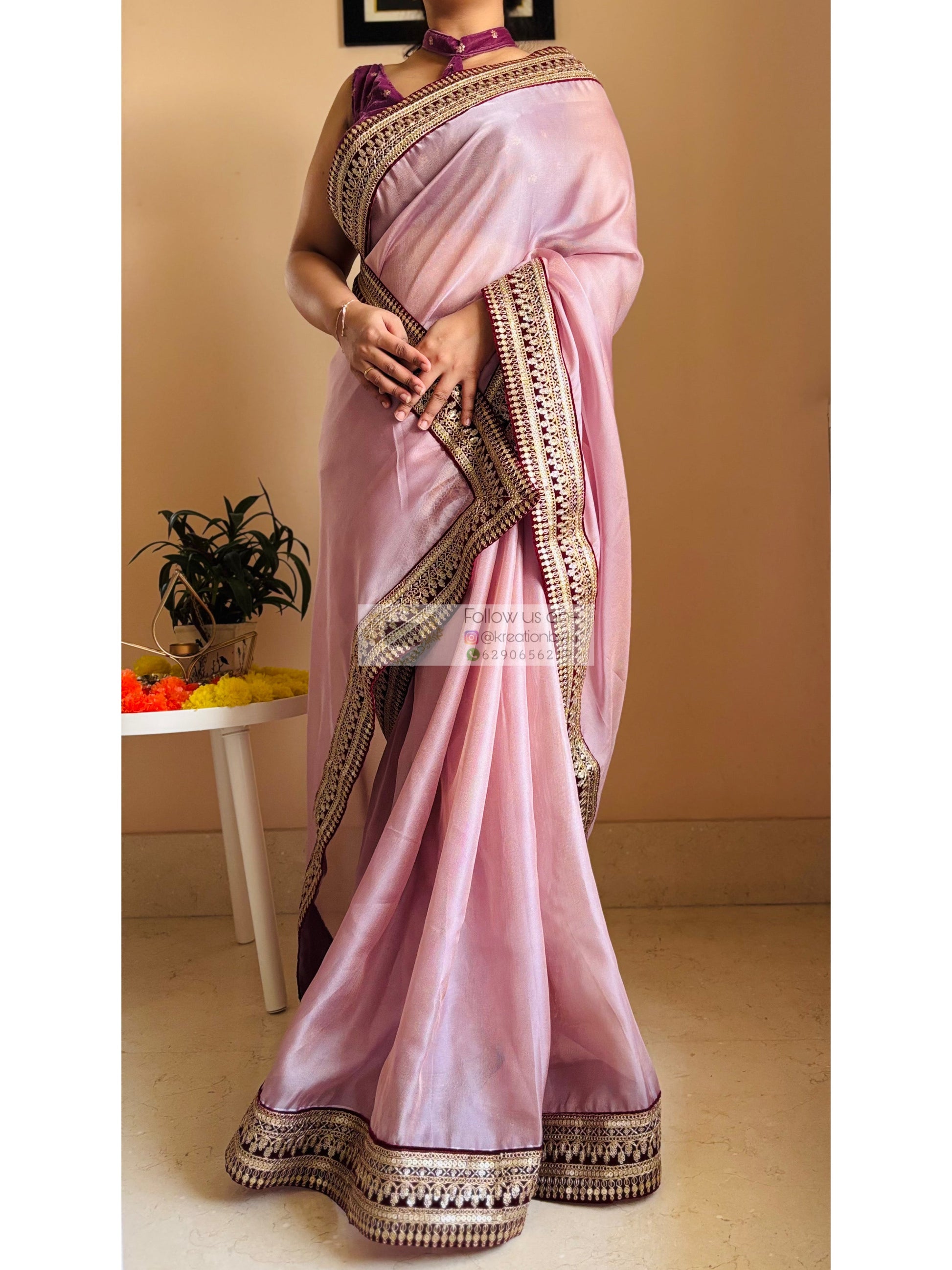 Mauve Pink Net Saree With Wine Border Kreation by KJ