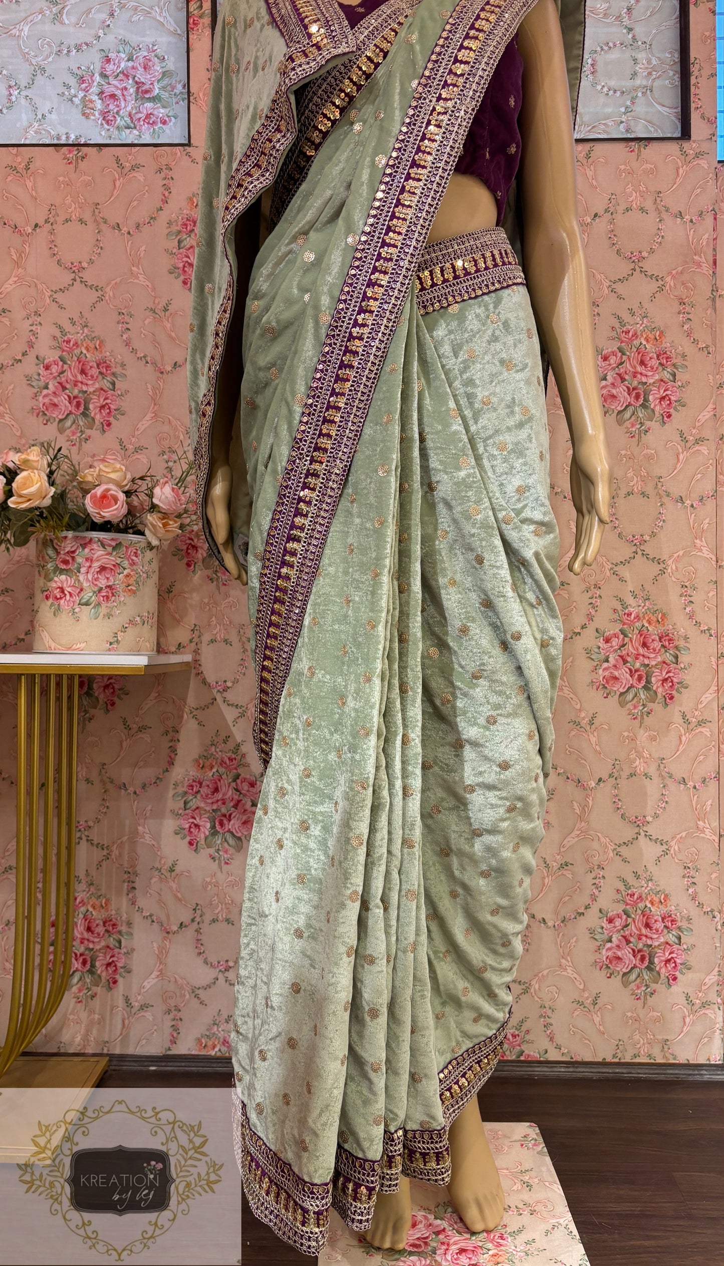 Sage Green Velvet Saree With Border