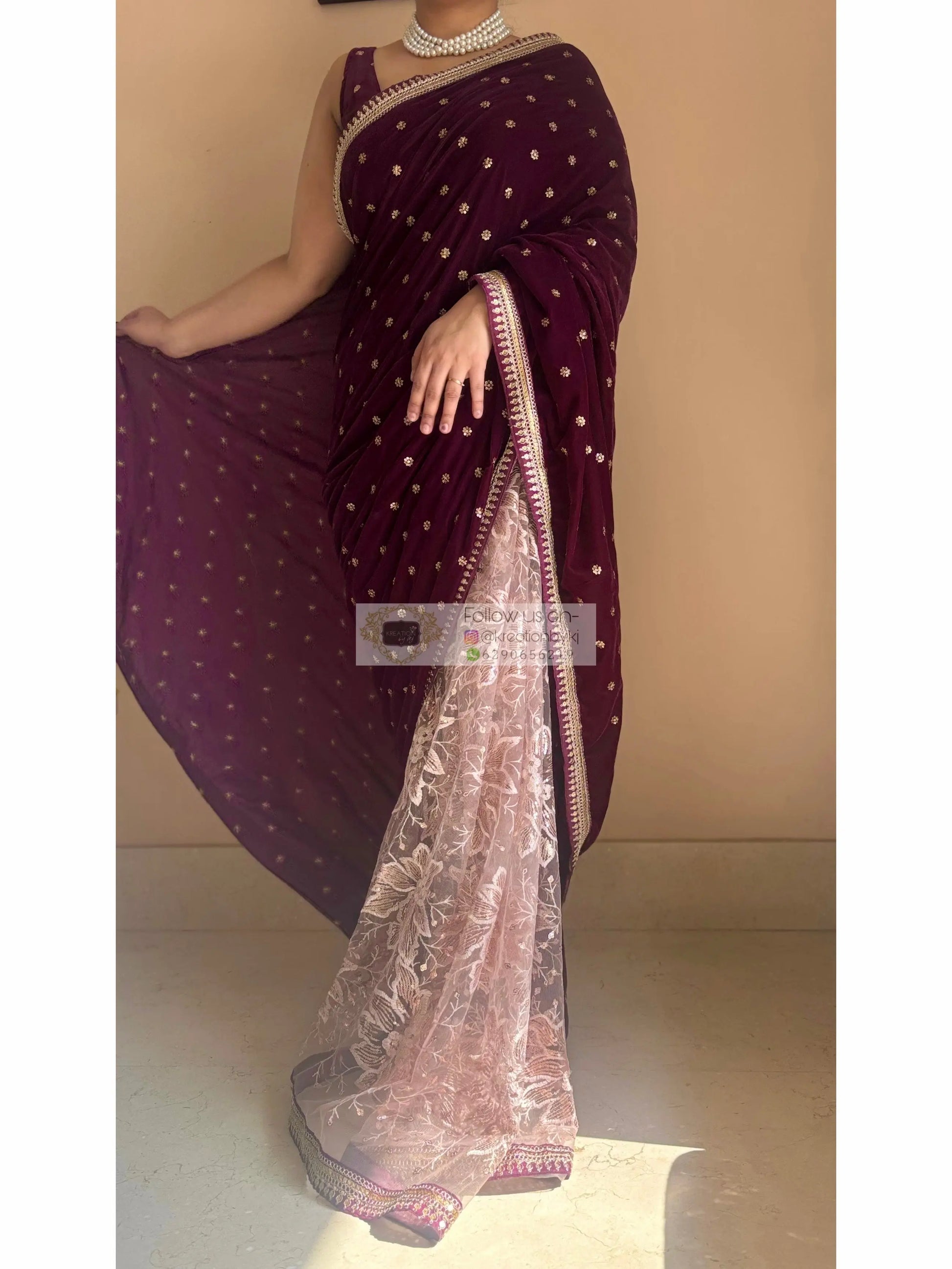 Purple Wine Velvet And Net Embellished Saree Kreation by KJ