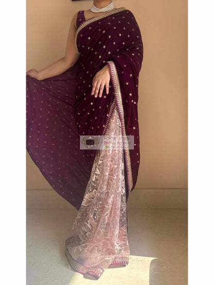Purple Wine Velvet And Net Embellished Saree Kreation by KJ