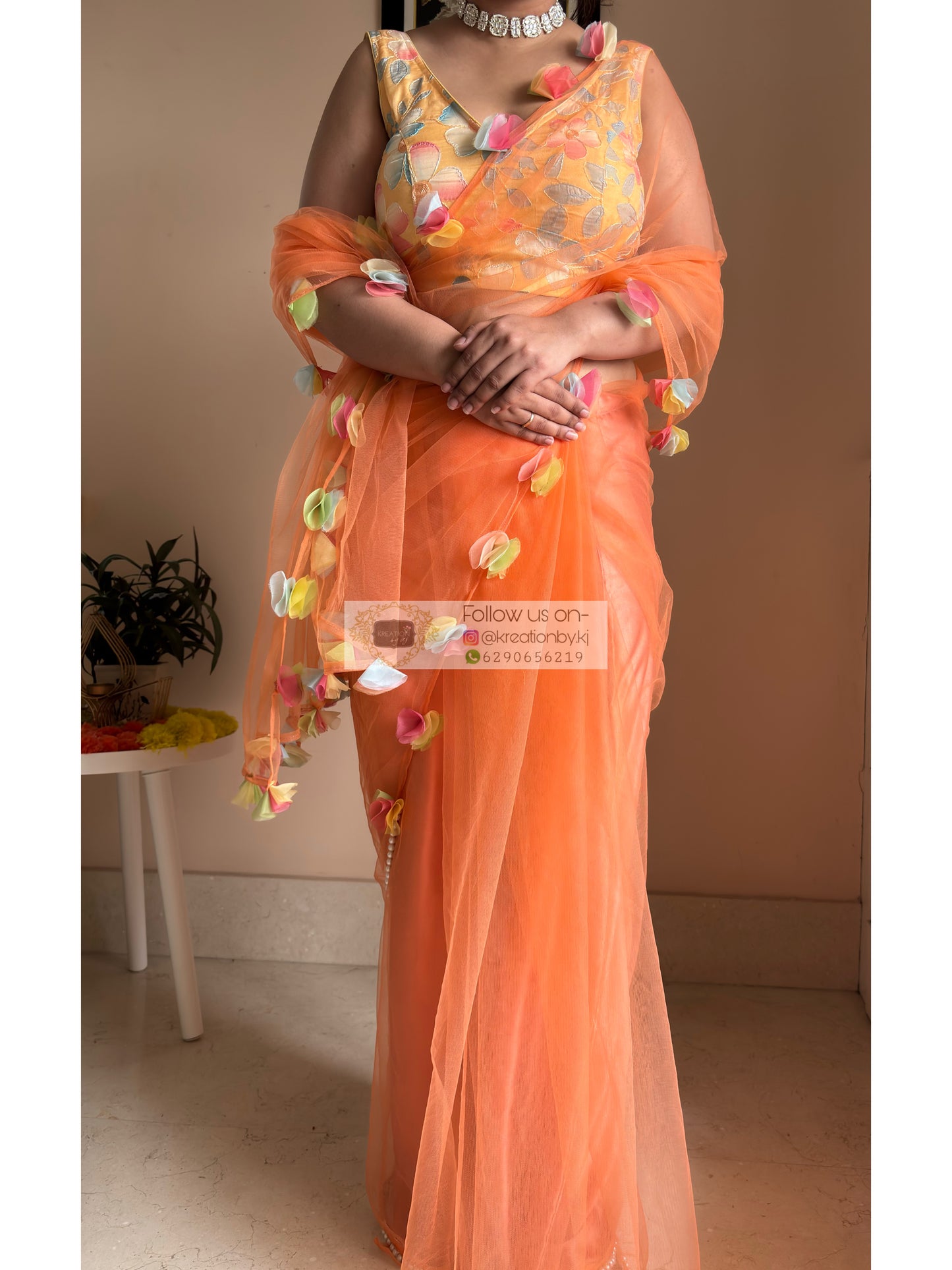 My Sassy Girl Orange Net Saree