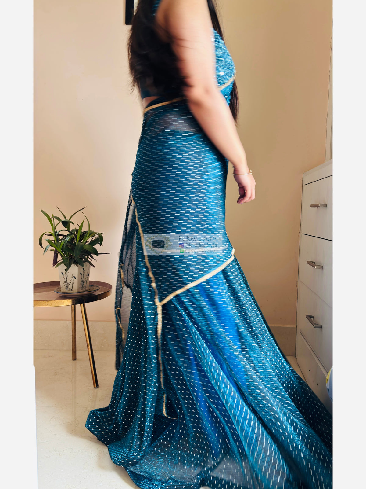 Blue Pleated Net Drape Lehenga Saree