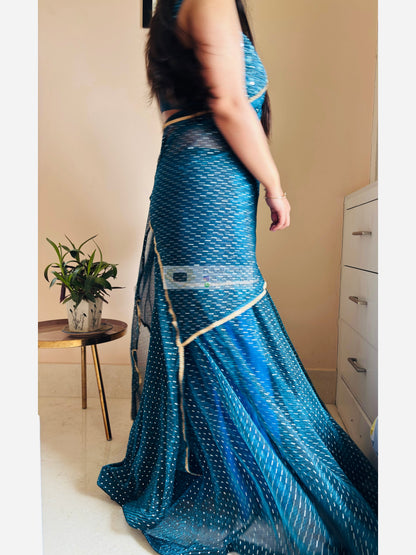 Blue Pleated Net Drape Lehenga Saree