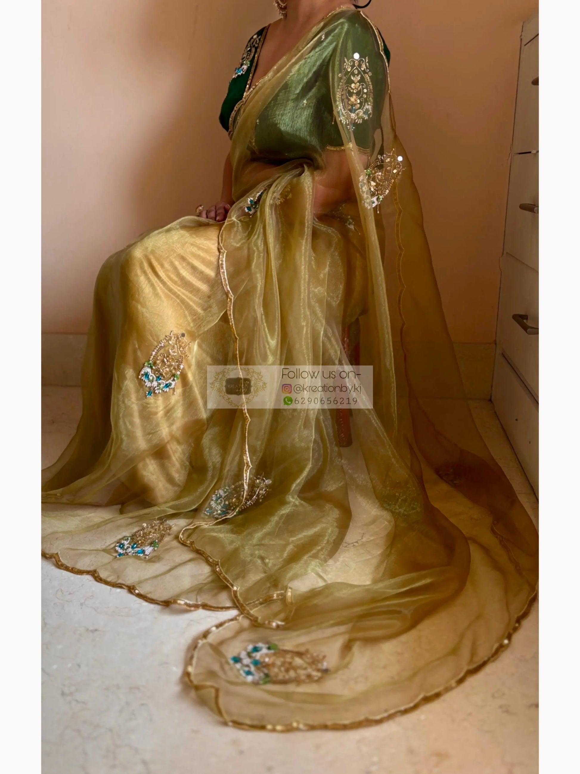 Scent of Yesterday Pista Green Glass Tissue Saree Kreation by KJ