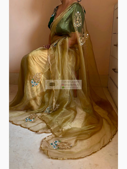 Scent of Yesterday Pista Green Glass Tissue Saree Kreation by KJ