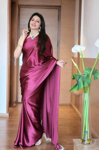 Cherry wine satin silk saree with handmade tassels on pallu