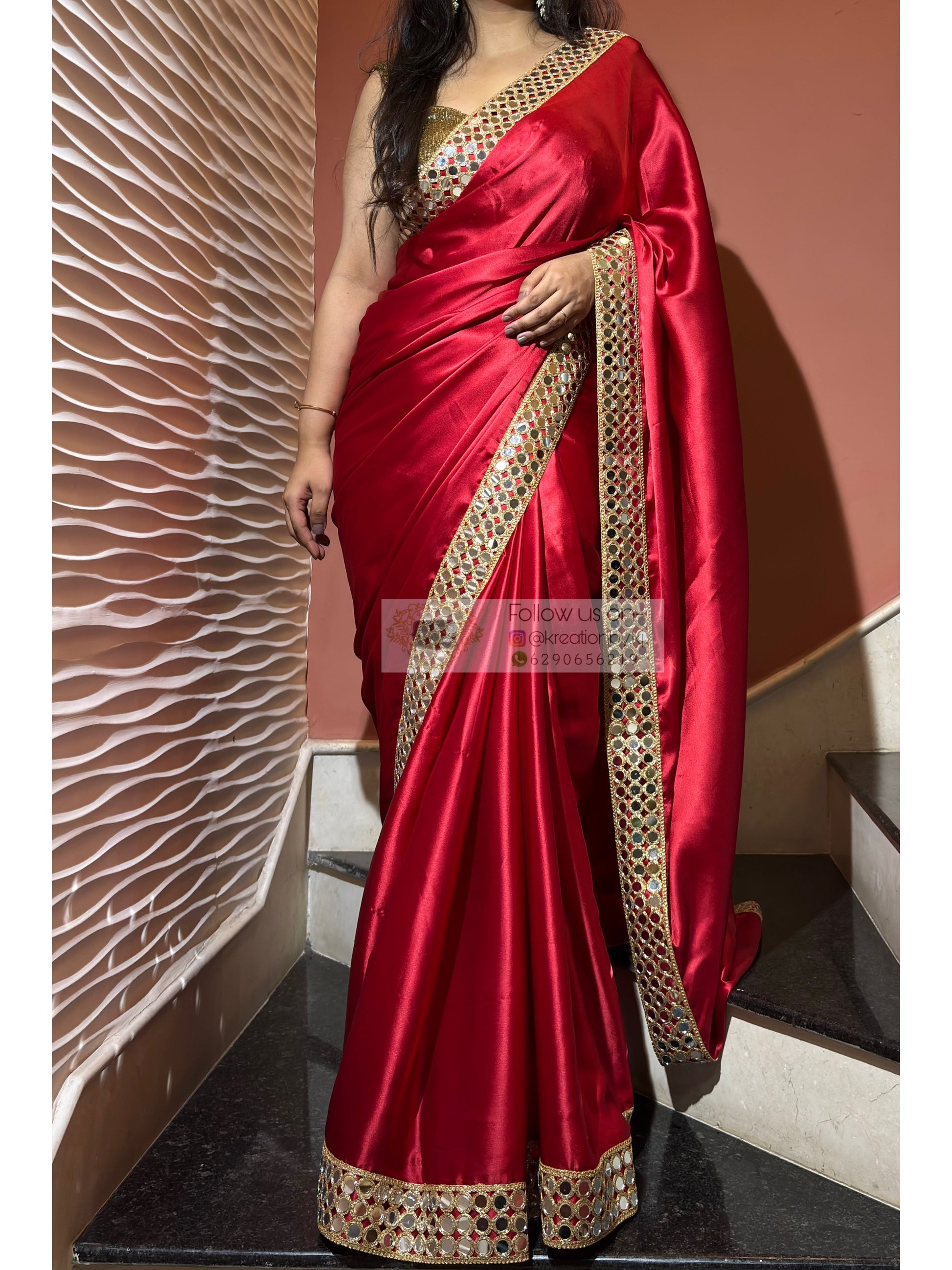Crimson Red  Satin Silk Saree with Mirror Border kreationbykj