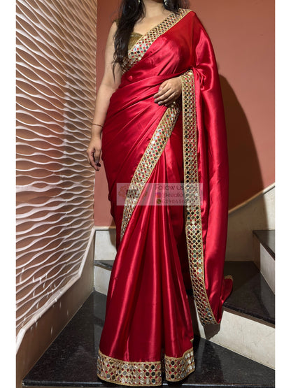Crimson Red  Satin Silk Saree with Mirror Border kreationbykj