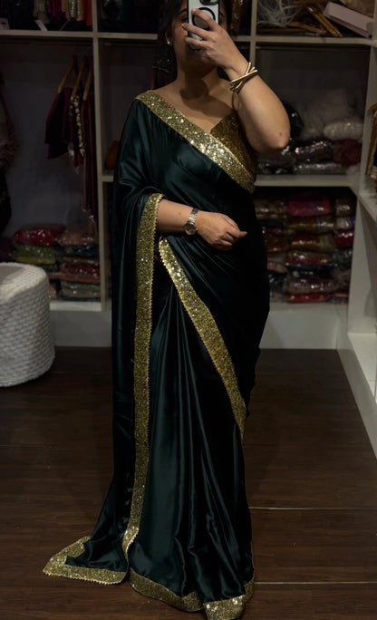 Dark Green Satin Silk Saree with Golden Shimmer Border Kreation by KJ