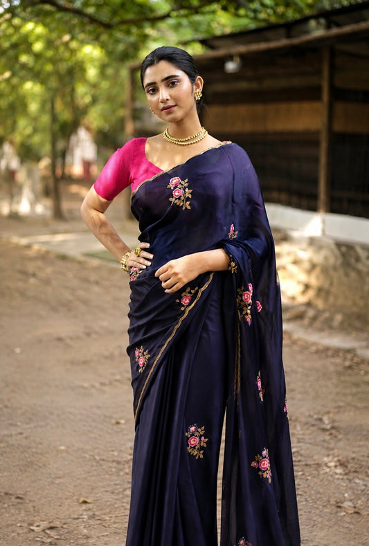 Remember the Roses Navy Blue Crepe Silk Saree