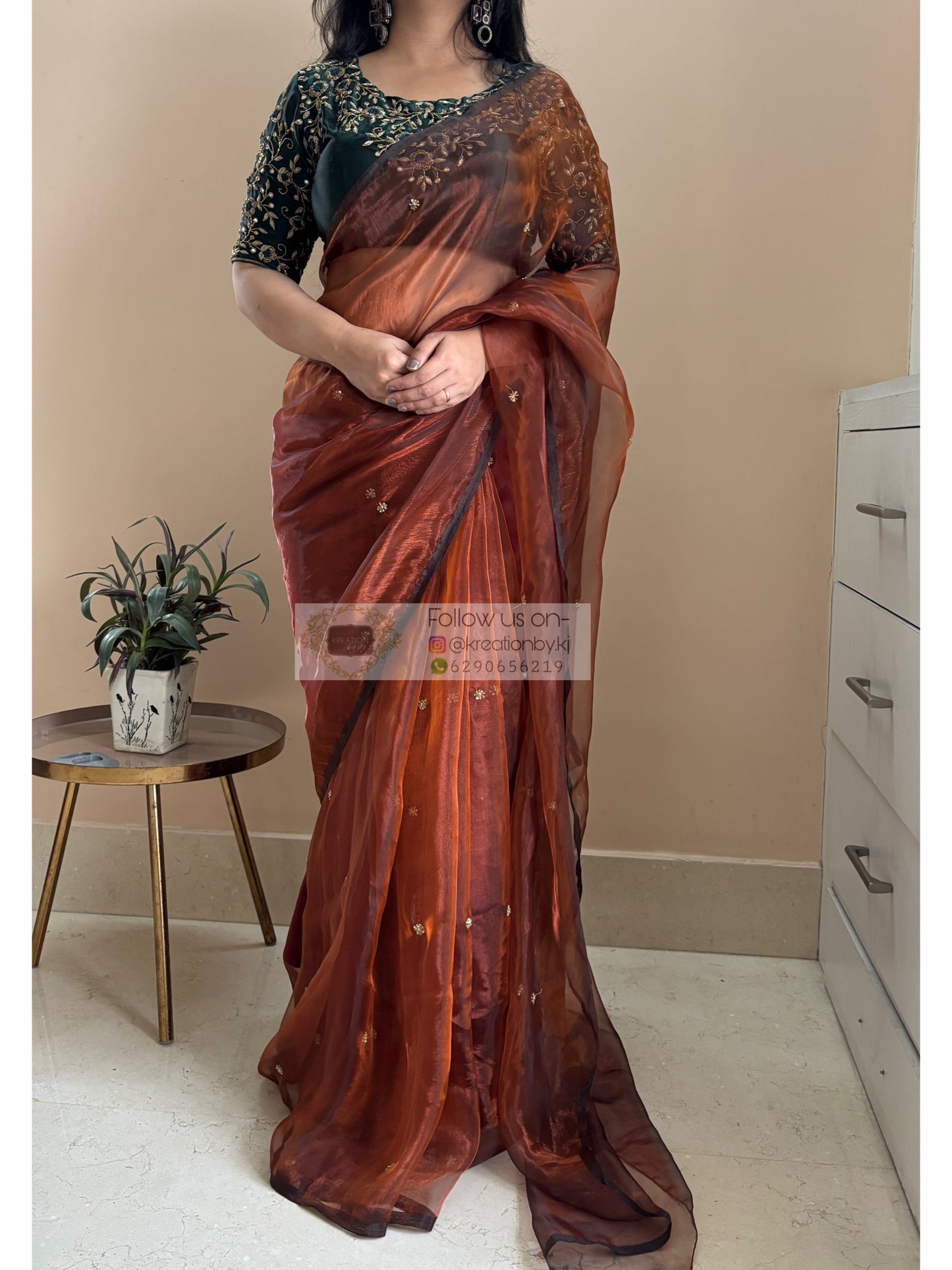 Copper Brown Glass Tissue Cocktail Saree