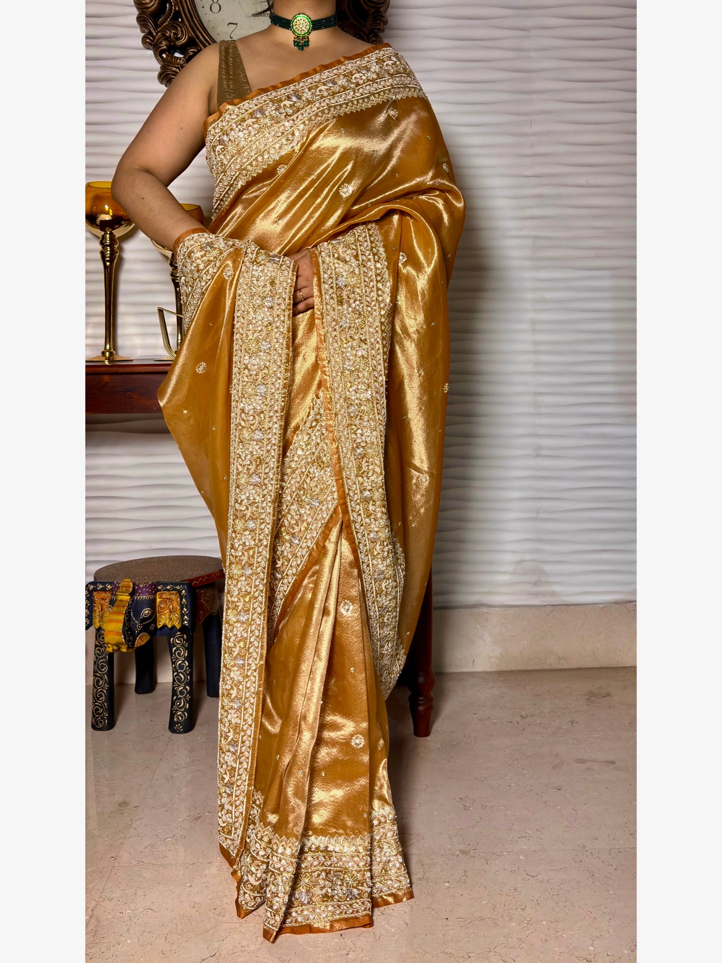 Nazakat Mustard Yellow Pure Tissue Saree For Wedding Reception