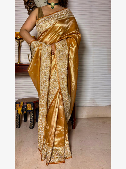 Nazakat Mustard Yellow Pure Tissue Saree For Wedding Reception