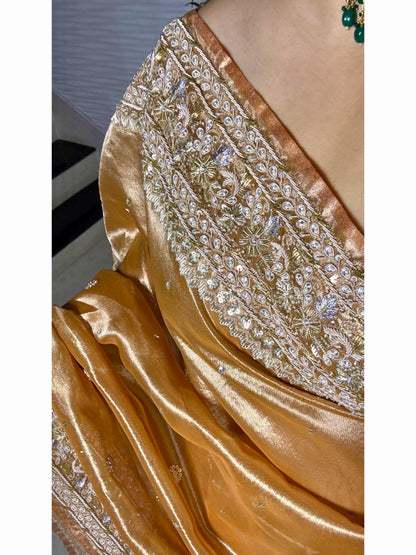 Nazakat Mustard Yellow Pure Tissue Saree For Wedding Reception