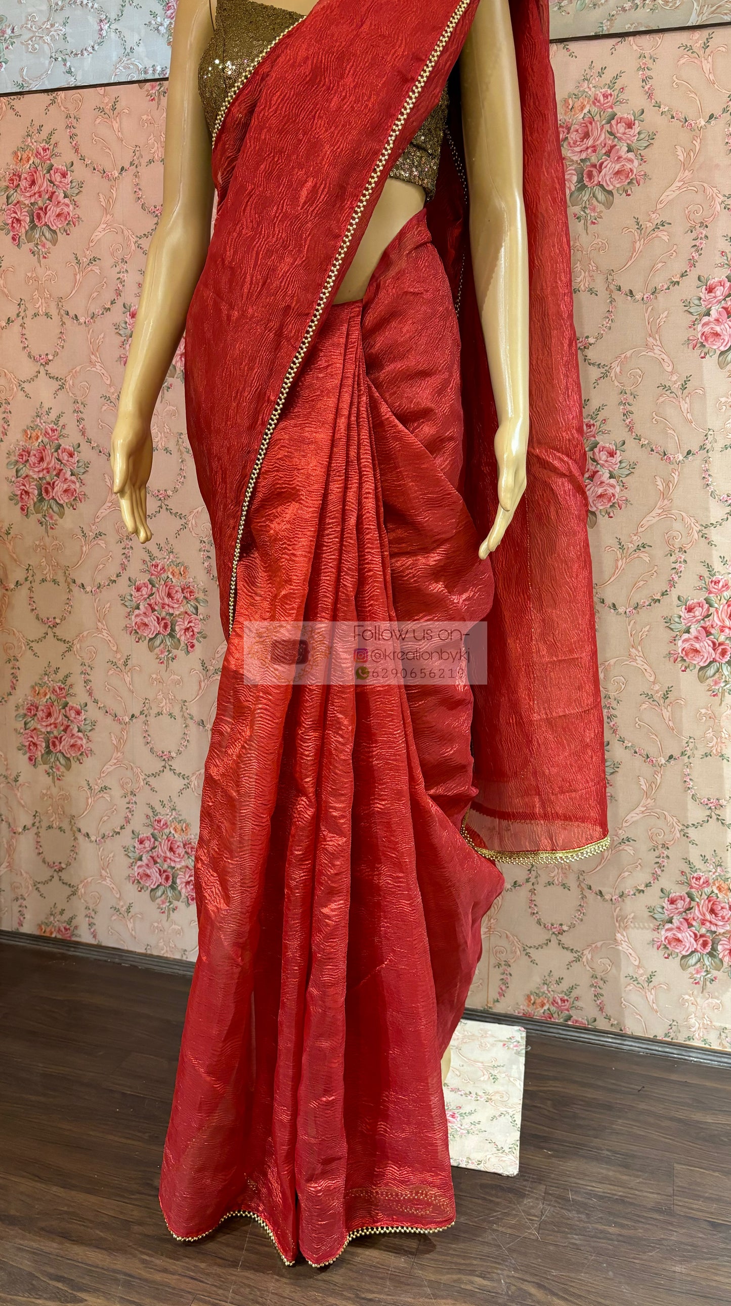 Red Crushed Tissue Saree with Golden Border