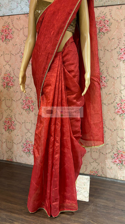 Red Crushed Tissue Saree with Golden Border