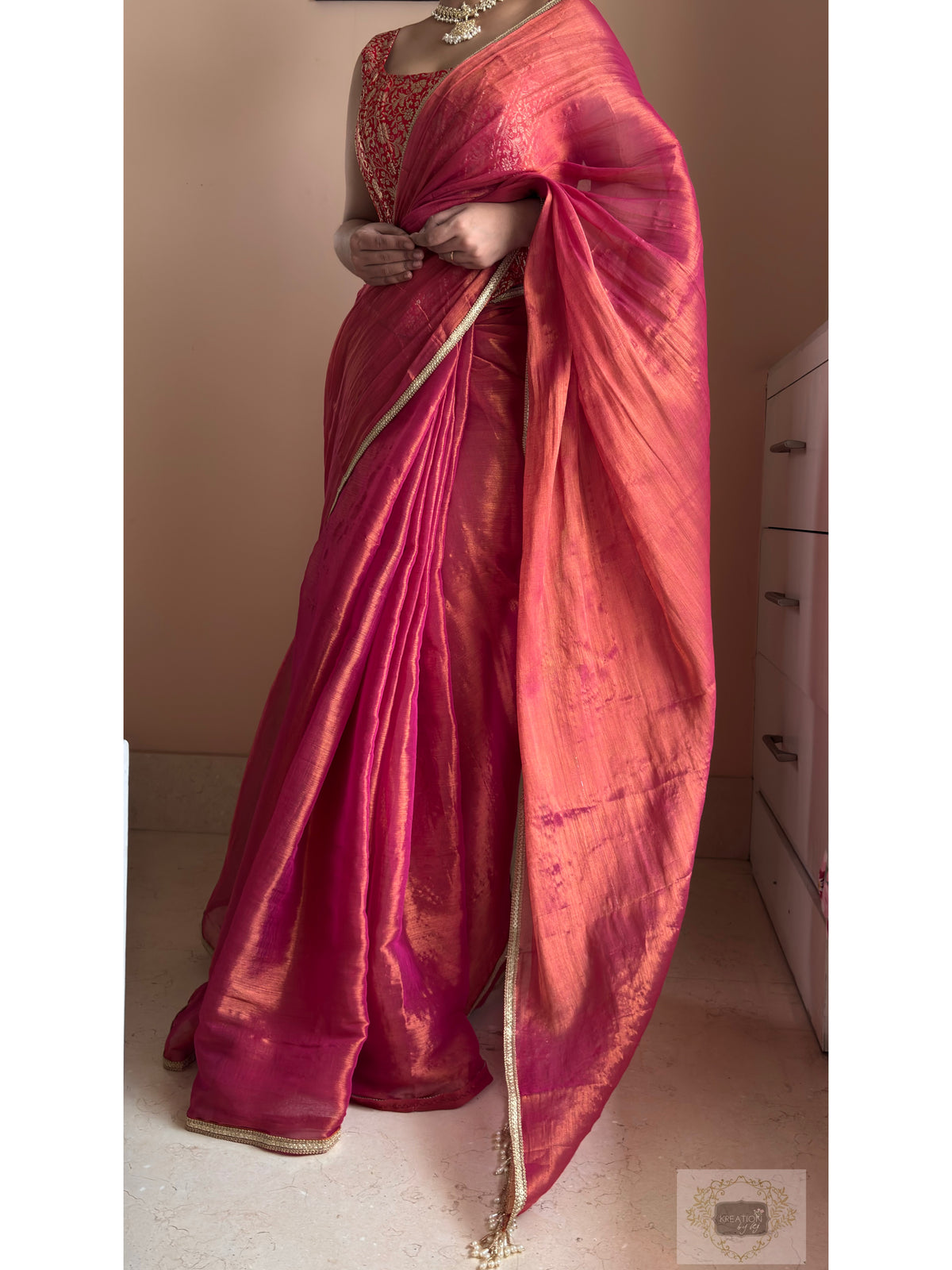 Raspberry Pink Cotton Tissue Saree With Cutdana Tassels on Pallu