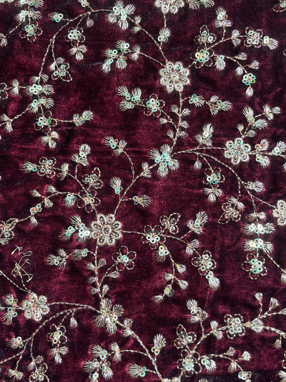 Burgundy Velvet Embroidered Fabric