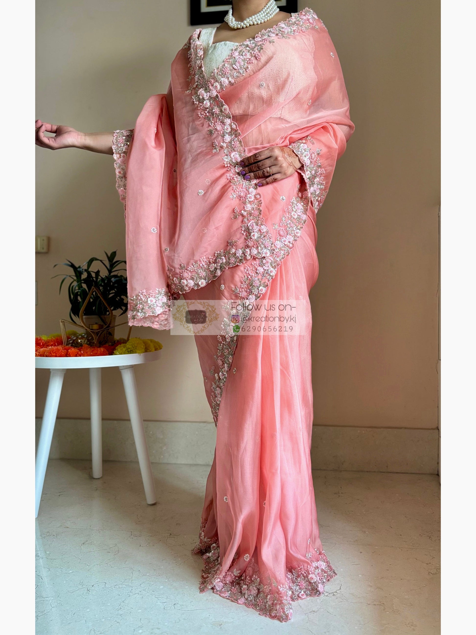 Peach Floral Haze Organza Saree Kreation by KJ