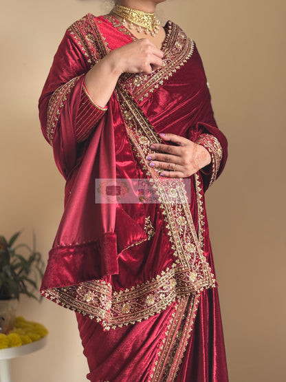 Naaz Burgundy Velvet Saree
