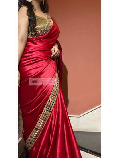 Crimson Red  Satin Silk Saree with Mirror Border kreationbykj