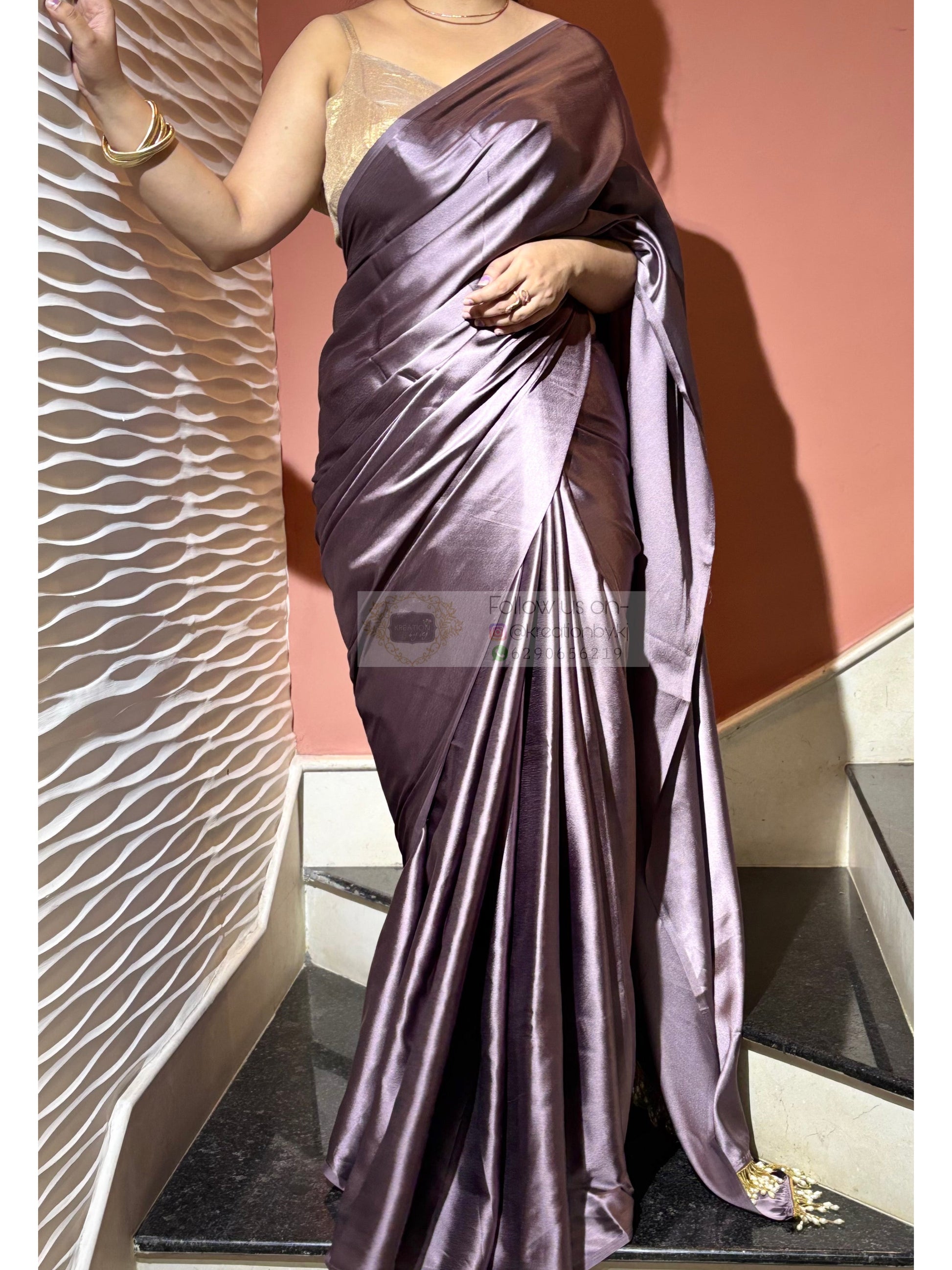 Purple Mauve Satin Silk Saree with Handmade Tassels on Pallu kreationbykj