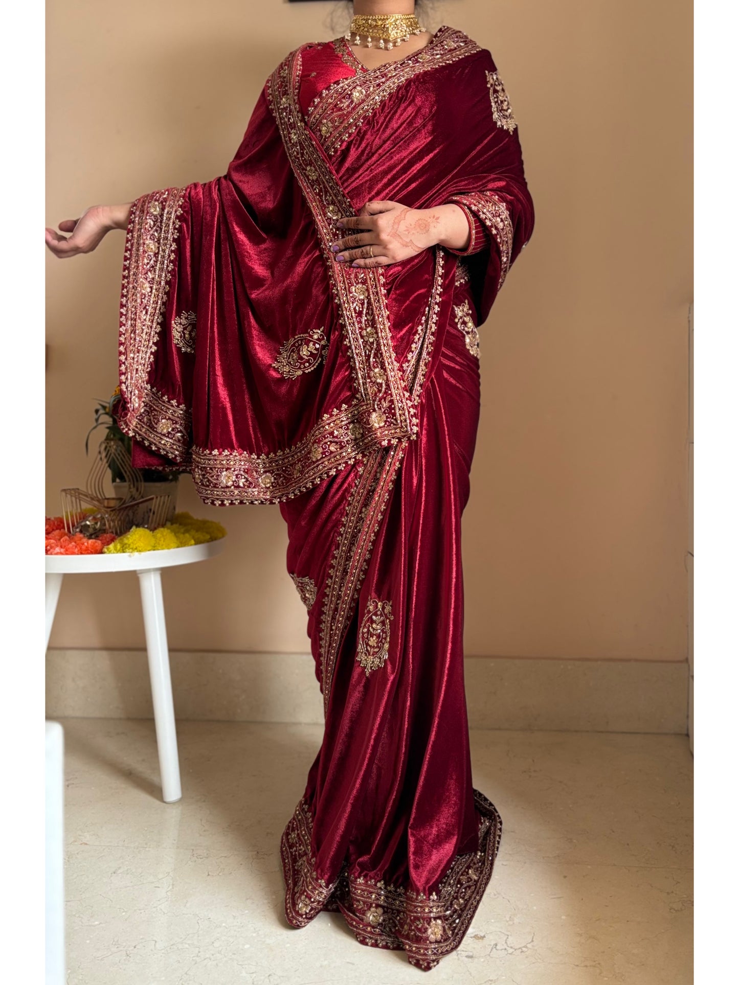 Naaz Burgundy Velvet Saree