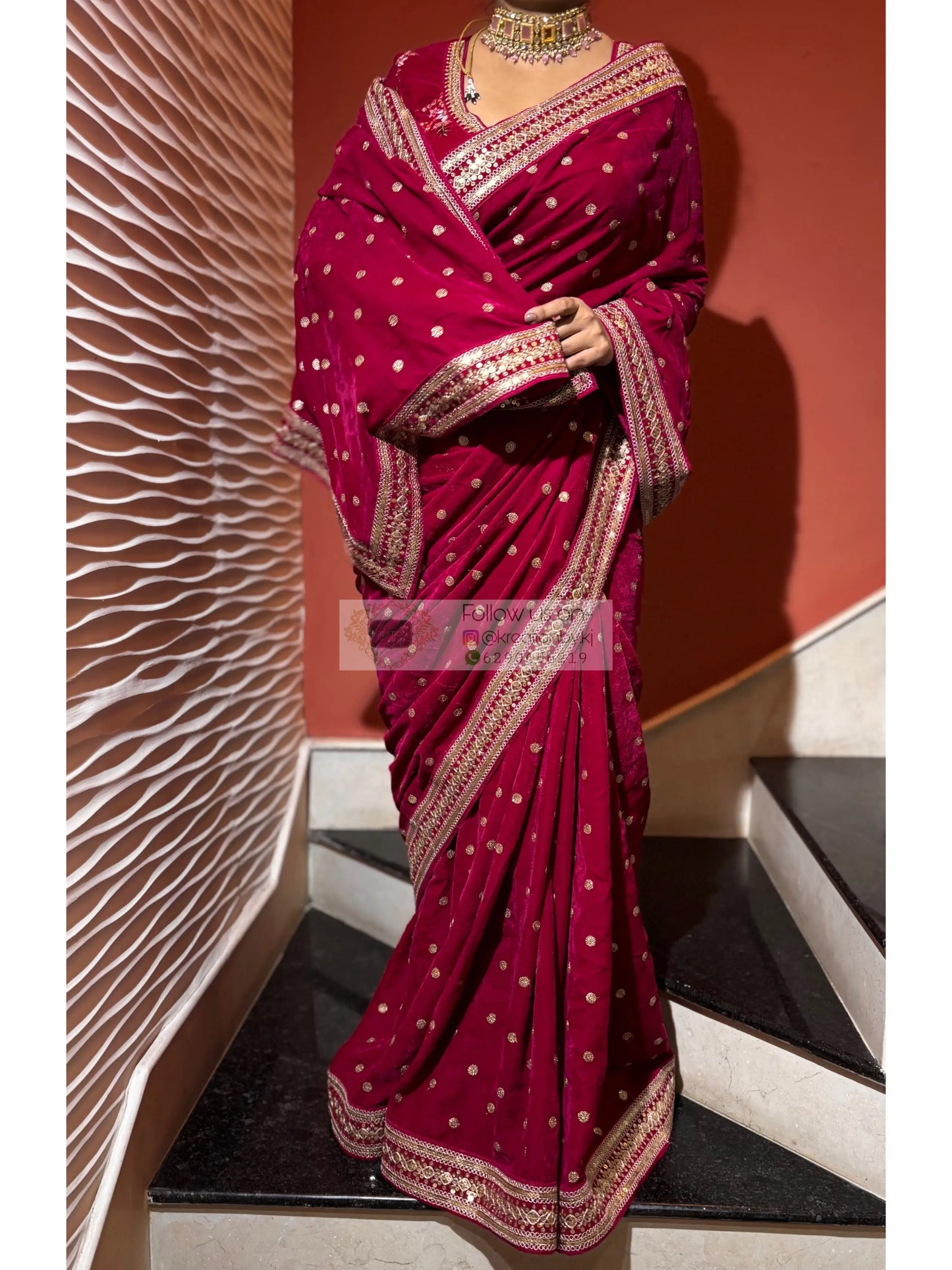 Royal Magenta Pink Velvet Saree Kreation by KJ