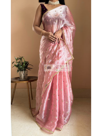 Peach Mettalic Chiffon Saree with Sequin Border kreationbykj