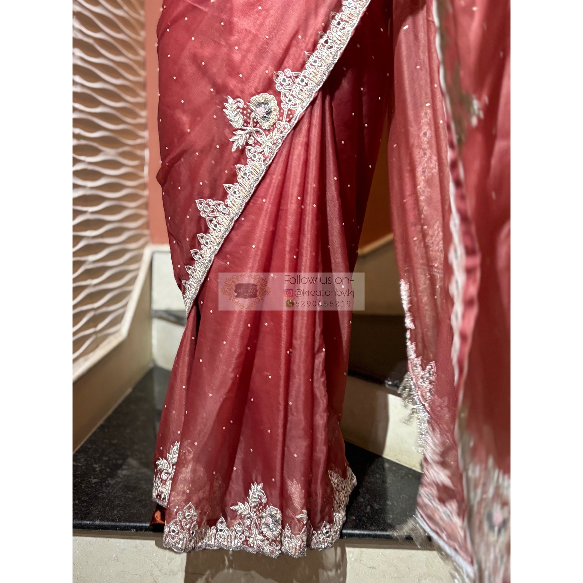 Salmon Pink Hand-embroidered Saree kreationbykj