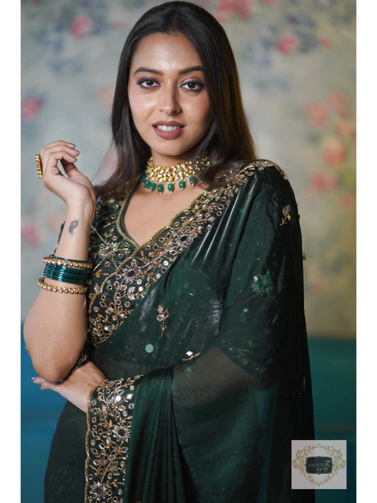 Bottle Green Shimmer Satin Sheesh Mahal Saree