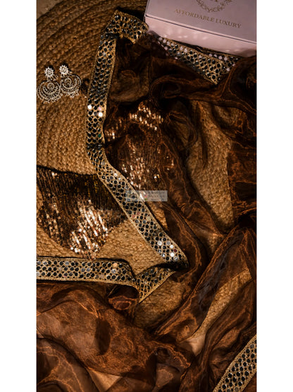 Copper Brown Glass Tissue Saree With Real Cut Mirror Border Kreation by KJ