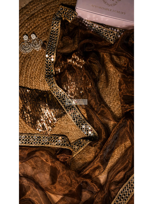 Copper Brown Glass Tissue Saree With Real Cut Mirror Border Kreation by KJ