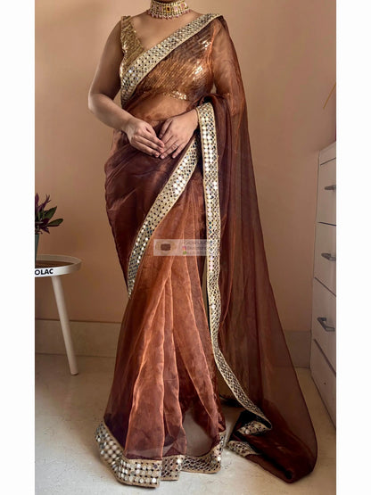 Copper Brown Glass Tissue Saree With Real Cut Mirror Border Kreation by KJ