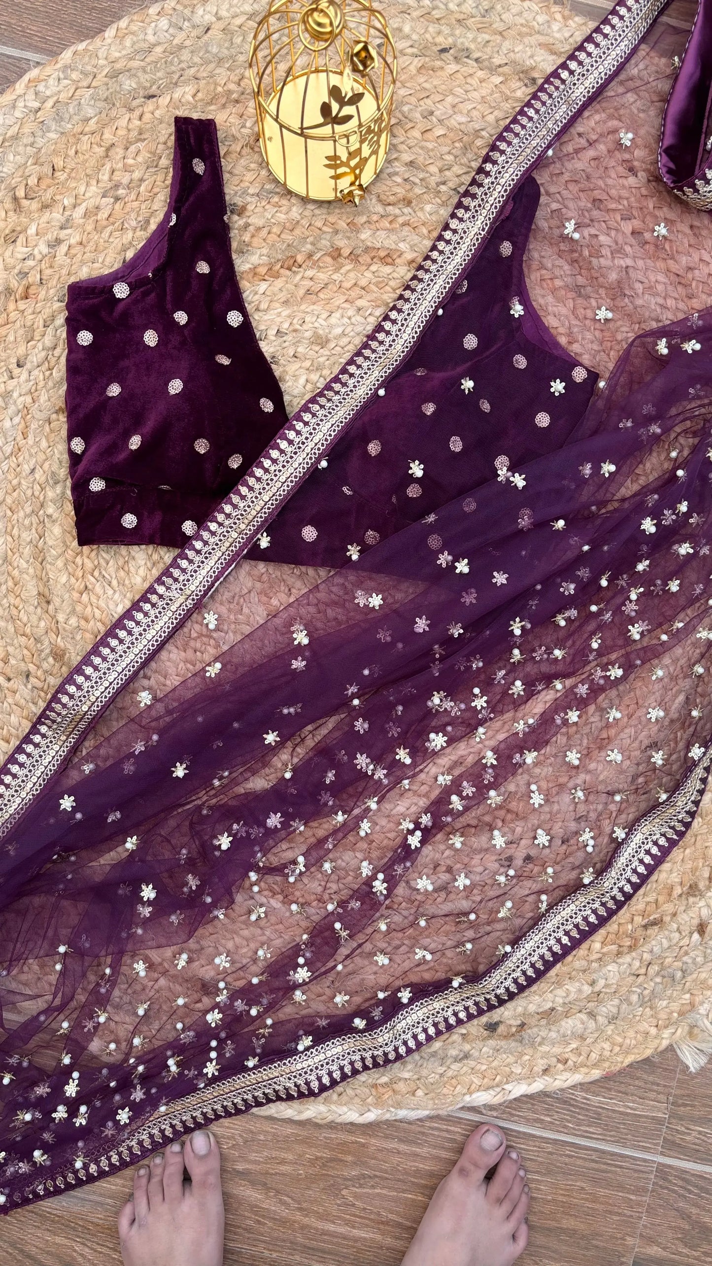 Wine Embellished Net Saree Kreation by KJ