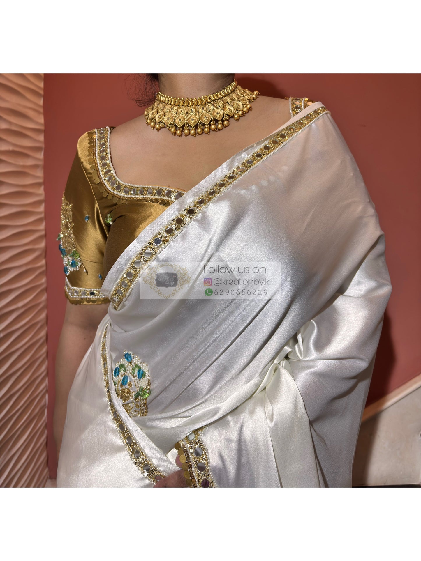 Snow Creme Satin Silk Saree With Real Mirror Work Kreation by KJ