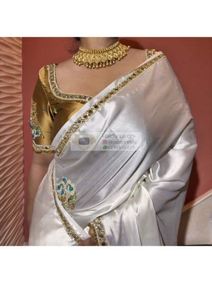 Snow Creme Satin Silk Saree With Real Mirror Work Kreation by KJ