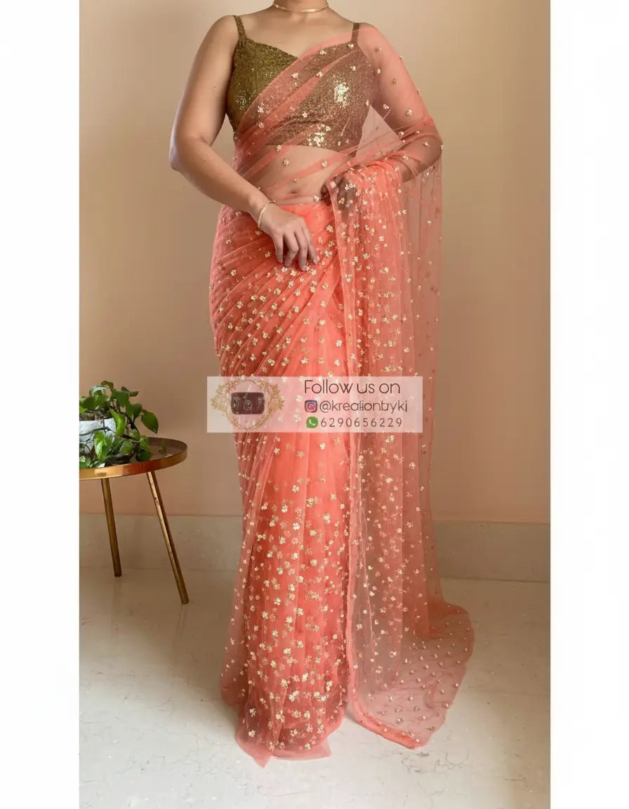 Coral Jugnoo Net Girlish Looking Partywear Saree kreationbykj