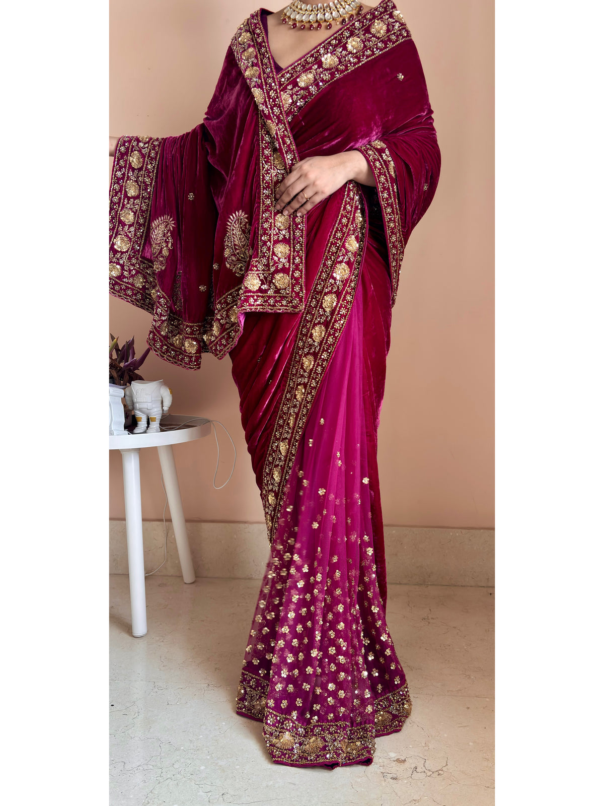 Purple Wine Vows in Velvet Saree