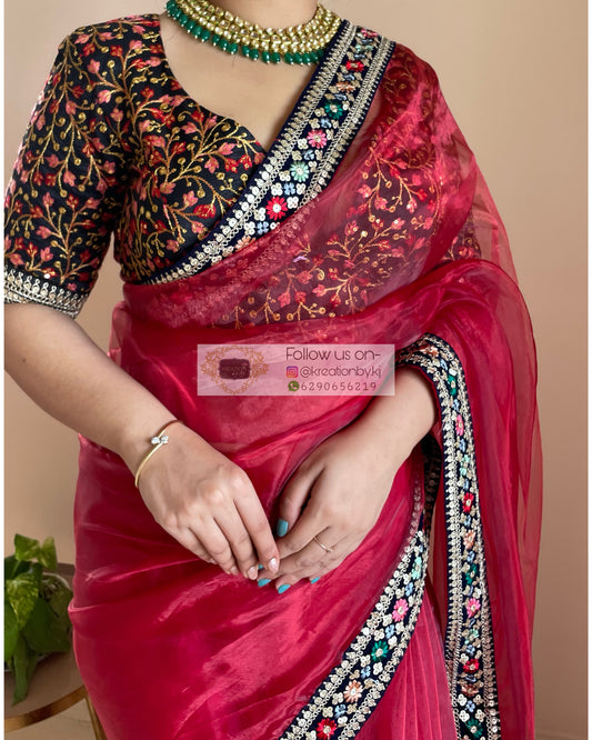 Red Glass Tissue Saree with Floral Border