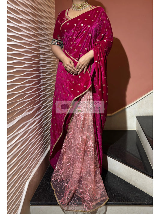 Half Magenta Pink Velvet And Net Embellished Saree Kreation by KJ