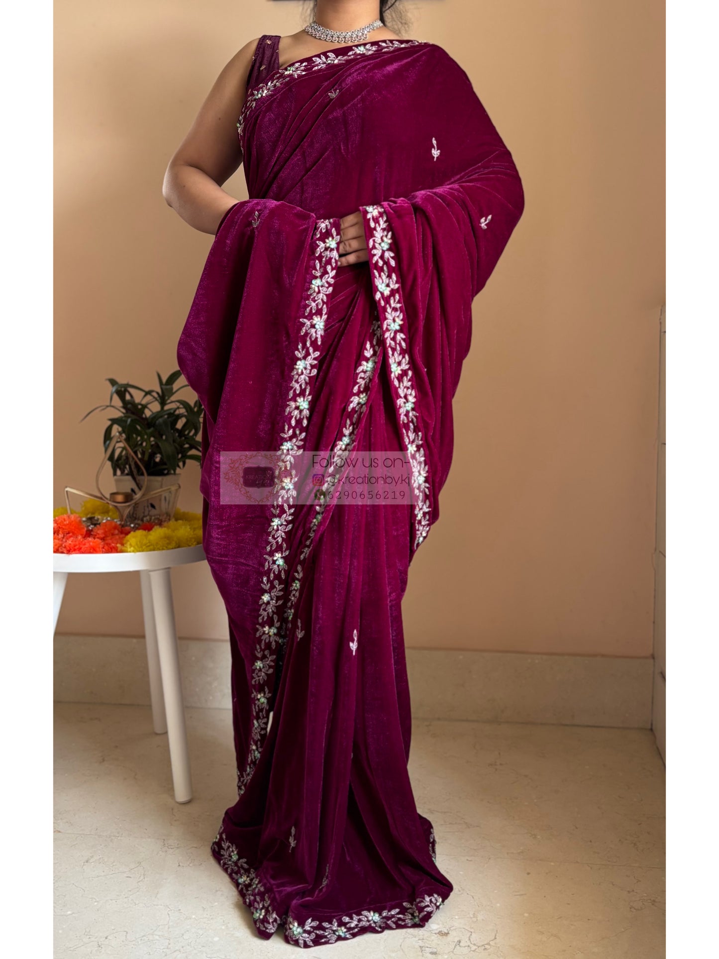 wine velvet saree with cutdana work