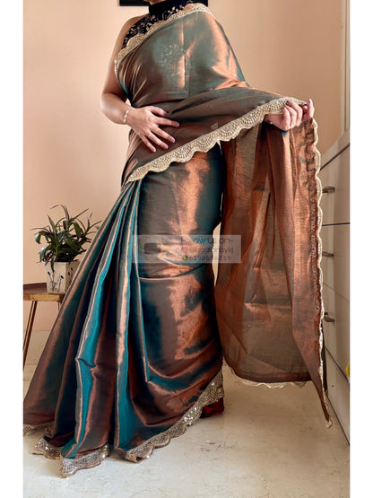 Copper Brown Cotton Tissue Saree with Mehraab Border